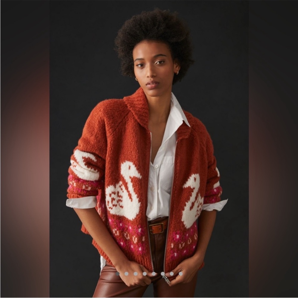 Maeve Rust Orange and White Swan Knit Zip Cardigan